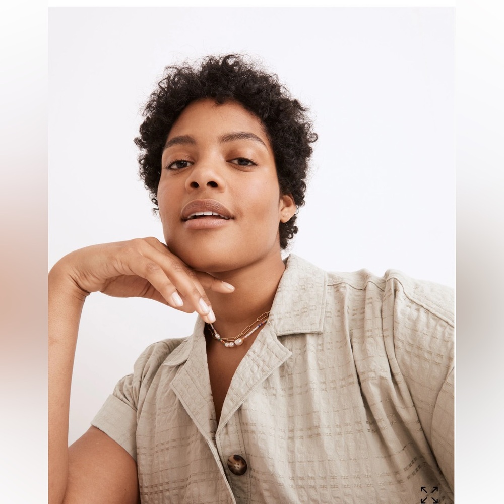 Madewell seersucker green tortoise buttons camp utility short sleeve romper S - Picture 7 of 12